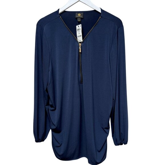 JM Collection Womens Top Plus Size 3X  Blue Ruched Stretch Tunic Zipper Neck NWT - Picture 9 of 9